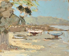 French Impressionist Oil Painting of  Coastal Scene with Boats at La Landaus