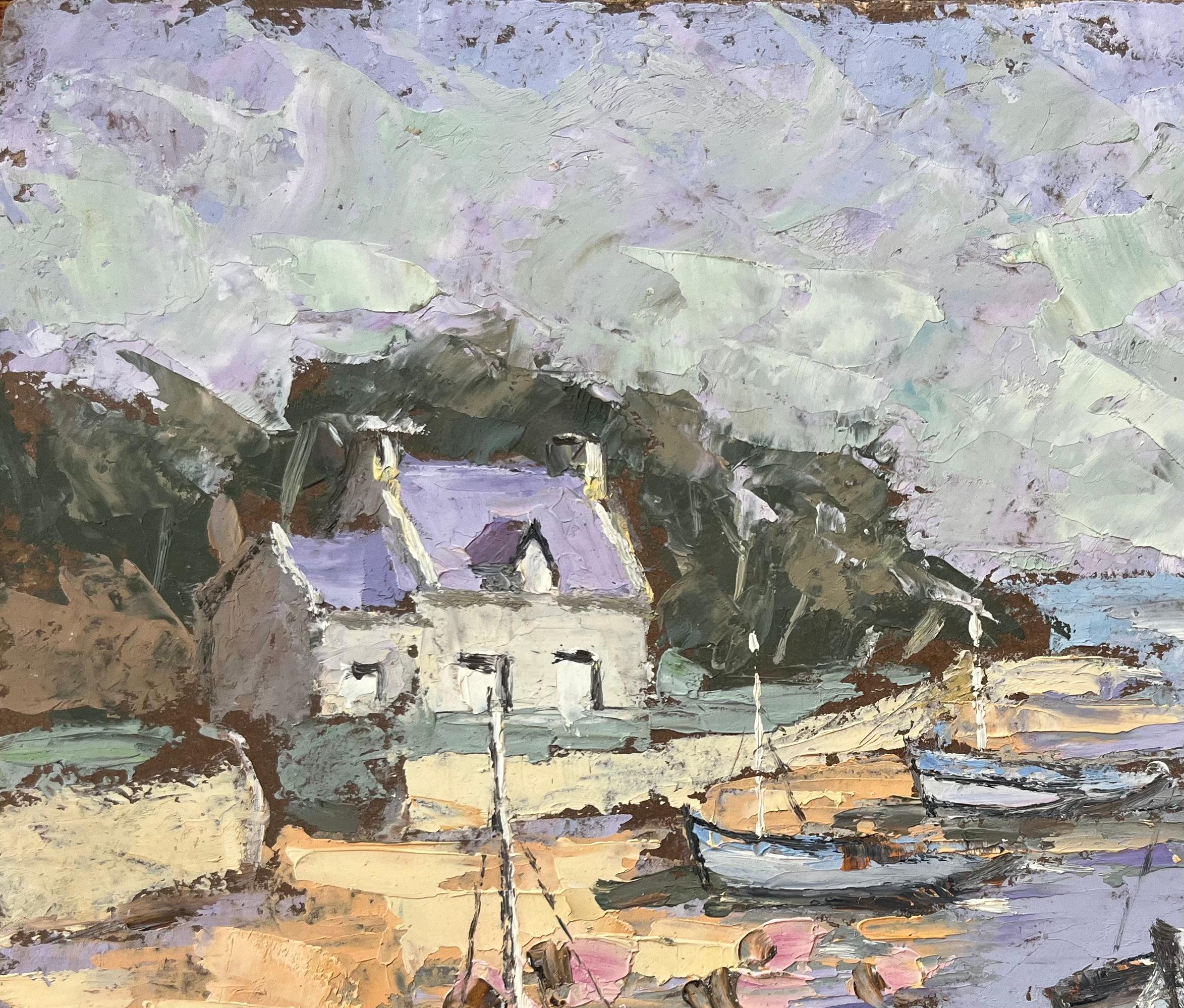 Título: Pintura al óleo impresionista francesa de escena costera con barcos de pesca
Por Fanch Lel (francés, 1930)
Tamaño: 7,5 x 9,5 pulgadas (alto x ancho)
Firmado: Sí
Óleo sobre tabla, sin enmarcar
Estado de conservación: El cuadro está en buen