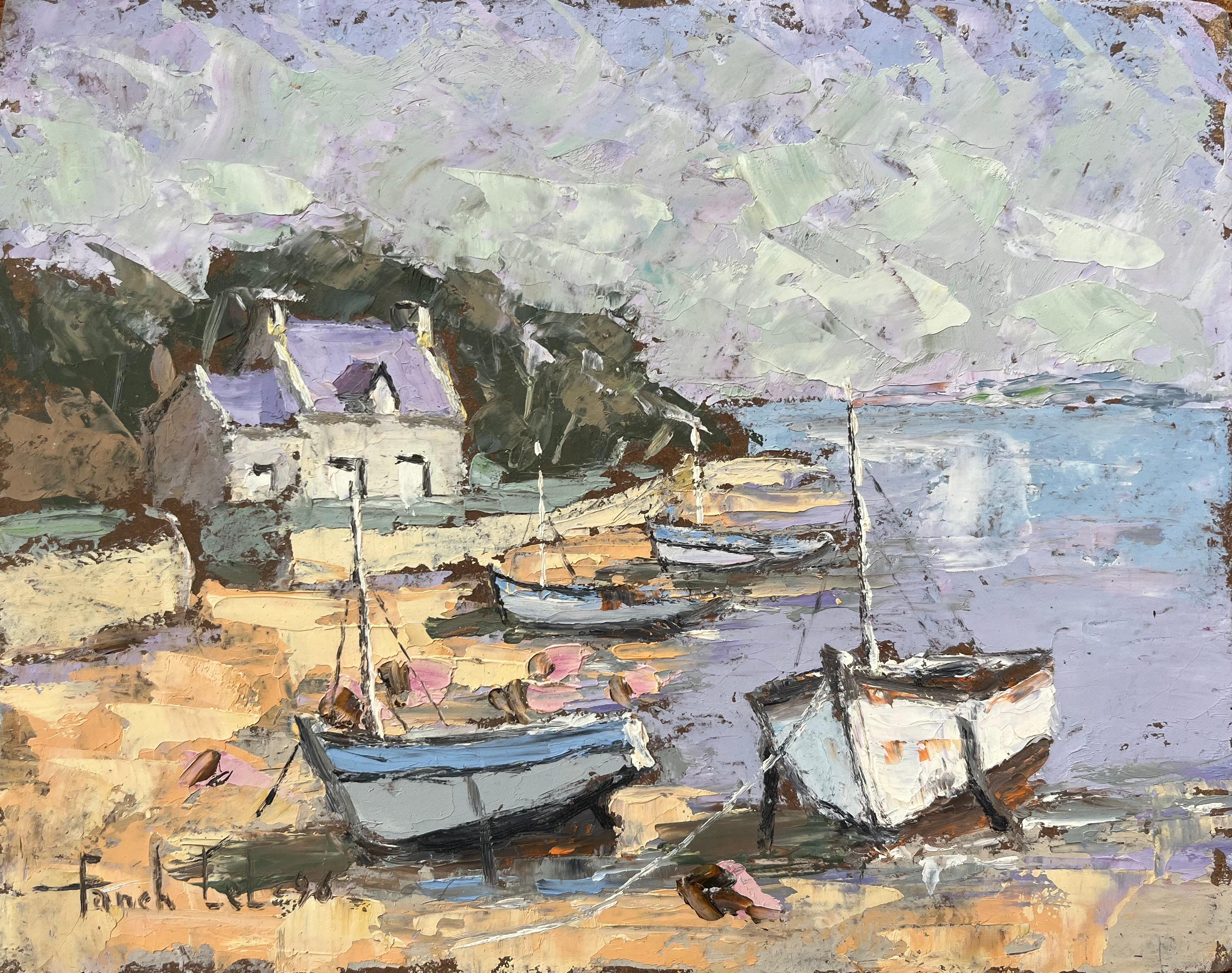 Landscape Painting de Fanch Lel - Pintura al óleo impresionista francesa de escena costera con barcos de pesca
