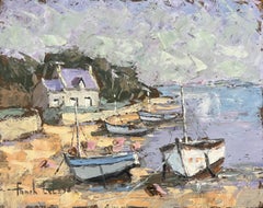 Pintura al óleo impresionista francesa de escena costera con barcos de pesca