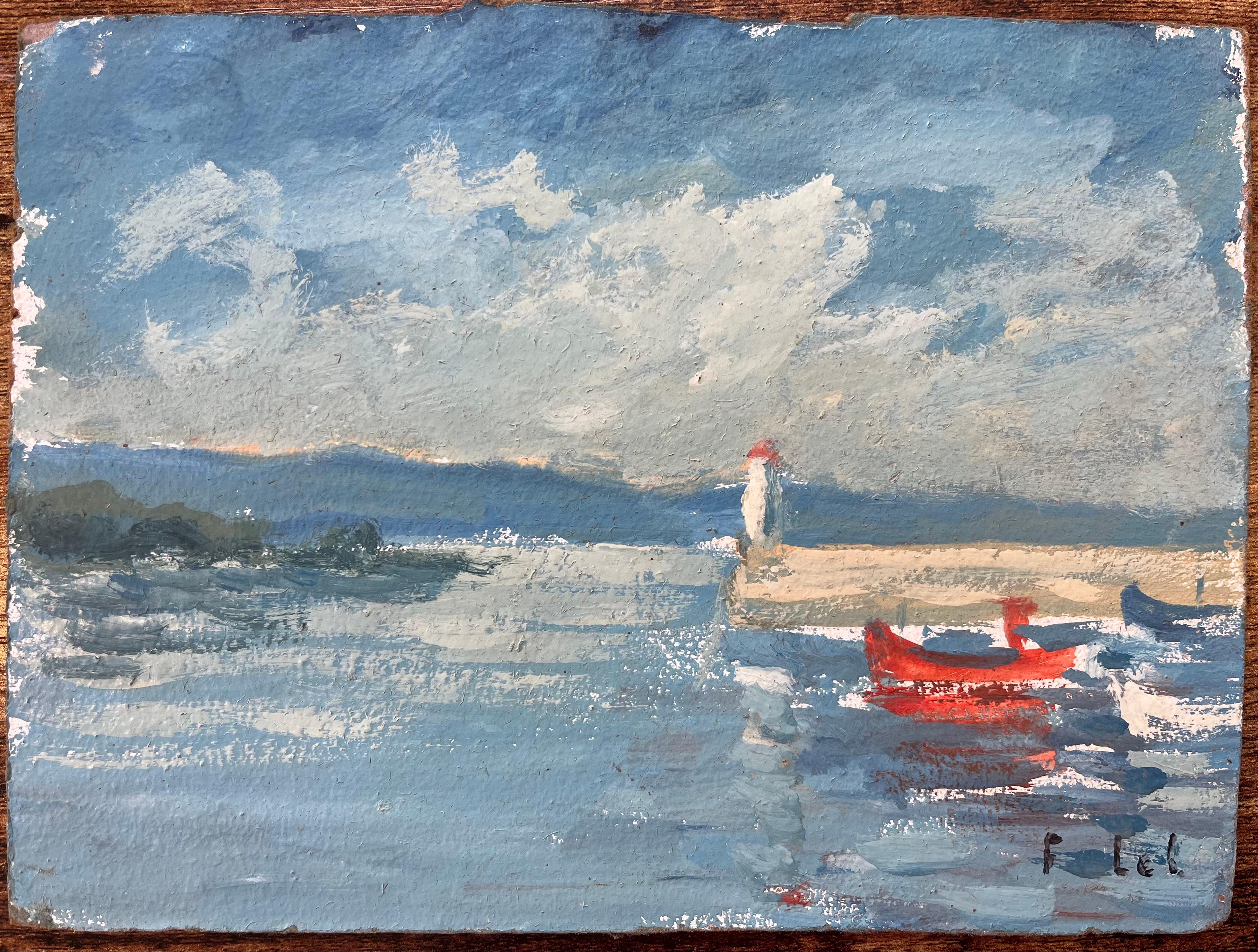 French Impressionist Oil Painting of Coastal Scene with Pier and Red Boat - Gray Landscape Painting by Fanch Lel