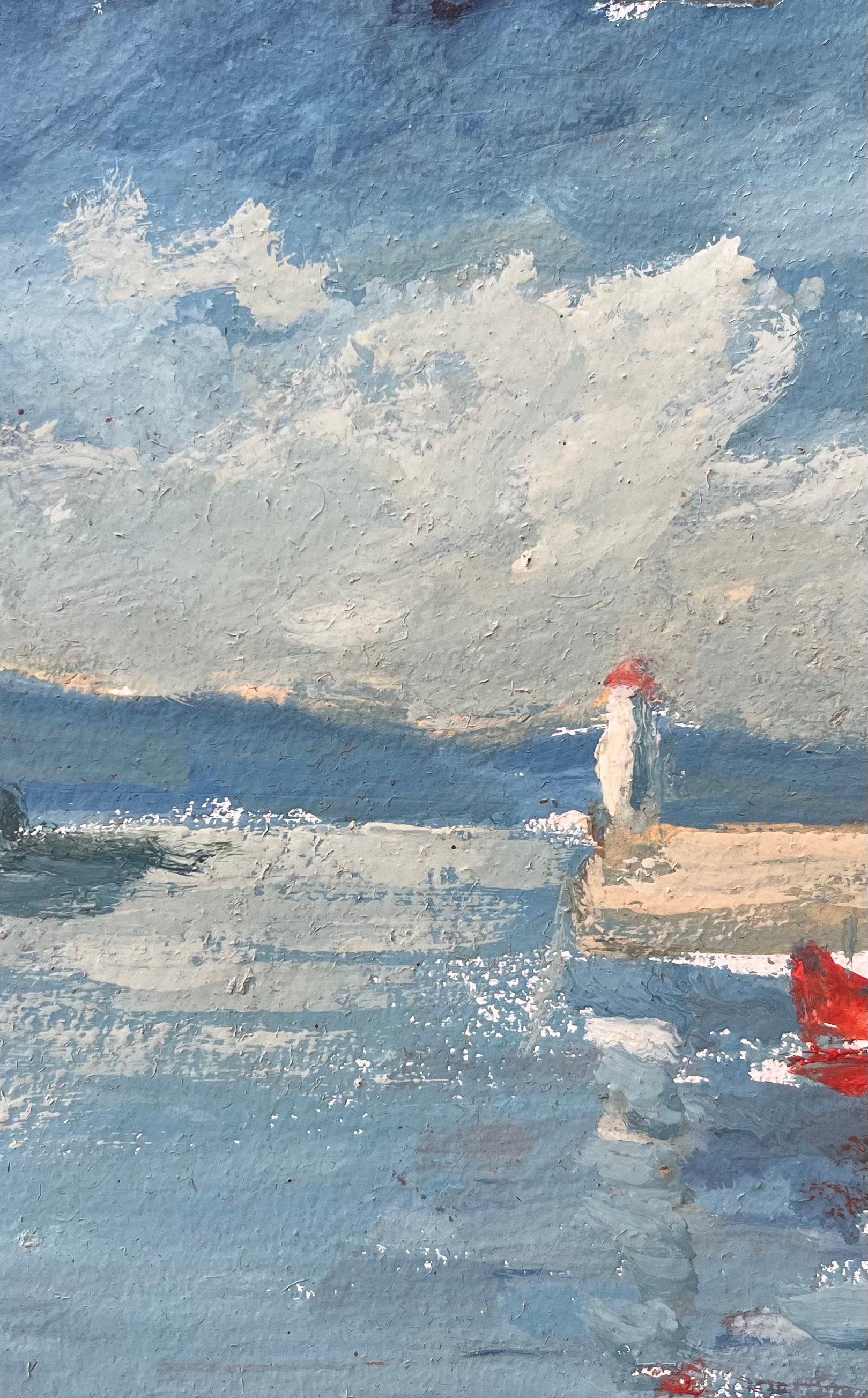 Title: French Impressionist Oil Painting of Coastal Scene with Pier and Red Boat
By Fanch Lel (French b. 1930)
Size: 6.75 x 9.25 inches (height x width)
Signed: Yes
Oil painting on board, unframed
Condition: The painting is in good condition, with