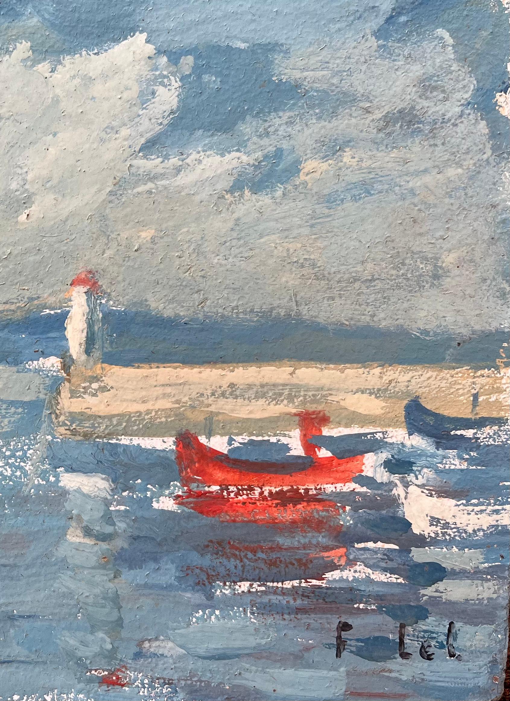 French Impressionist Oil Painting of Coastal Scene with Pier and Red Boat For Sale 1