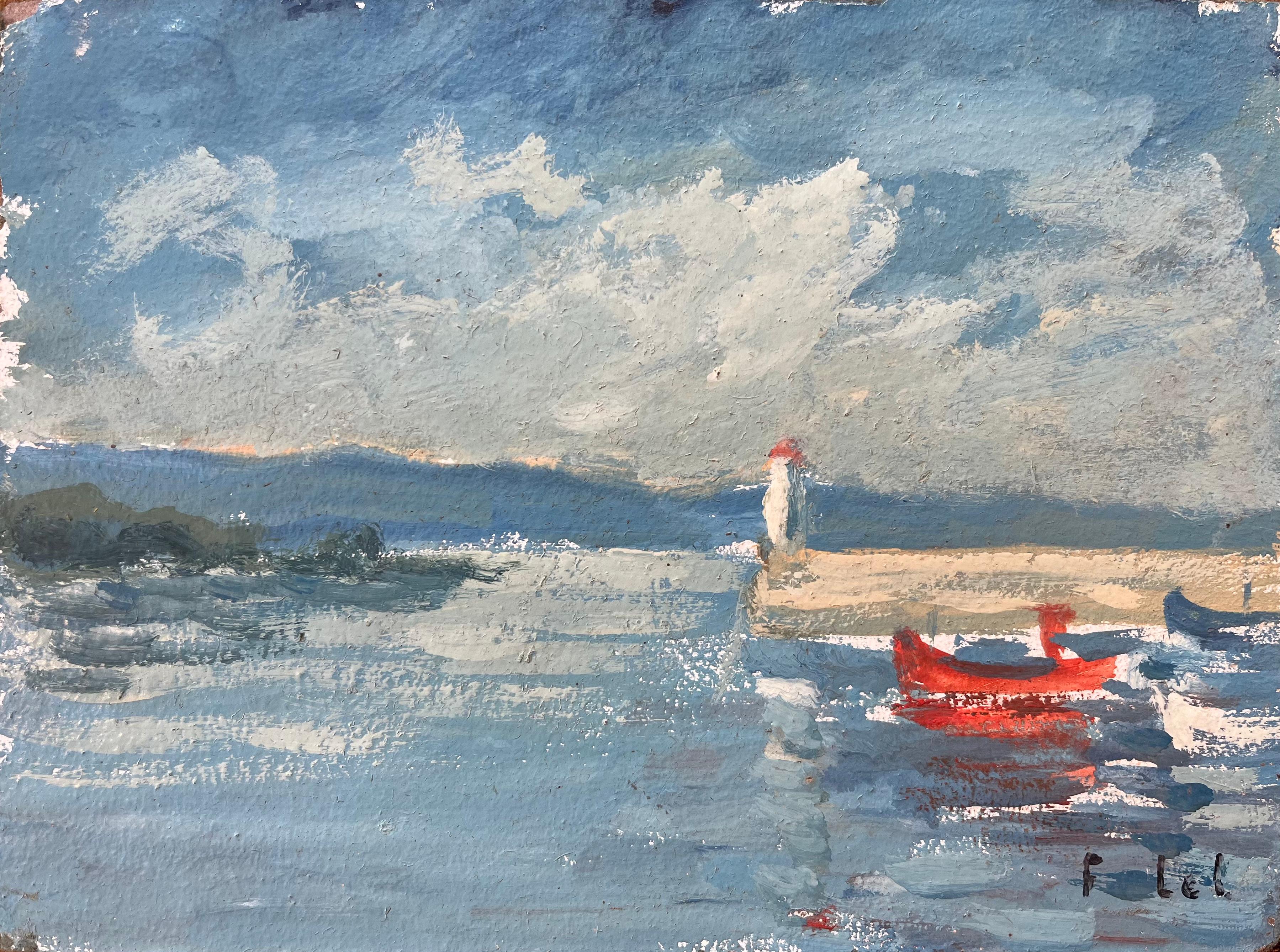 Fanch Lel Landscape Painting - French Impressionist Oil Painting of Coastal Scene with Pier and Red Boat