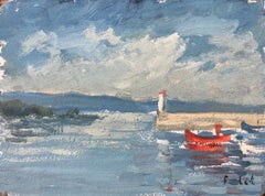 Französisches impressionistisches Ölgemälde der Küstenszene des Impressionismus mit Pier und rotem Boot