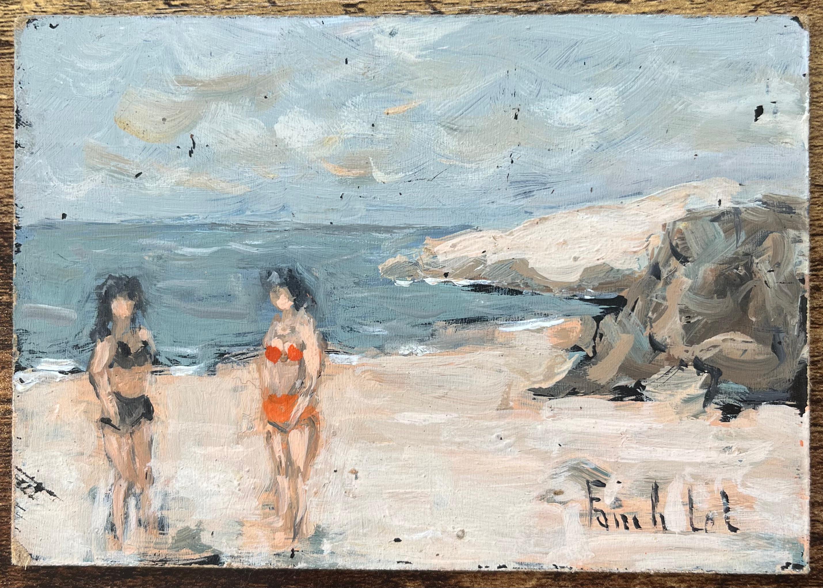 French Impressionist Oil Painting of Coastal Scene with Two Bathers - Gray Figurative Painting by Fanch Lel