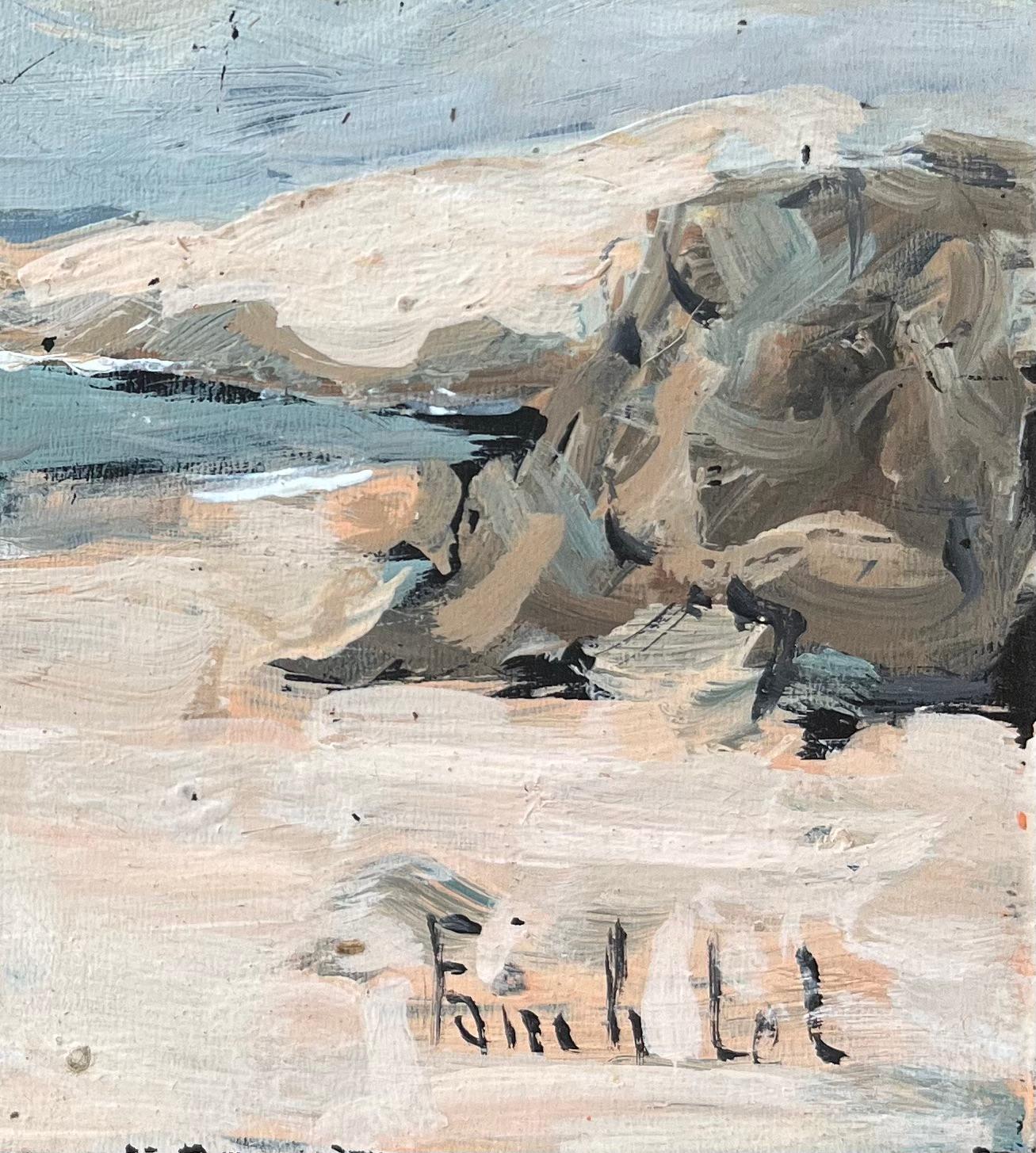 Title: French Impressionist Oil Painting of Coastal Scene with Two Bathers
By Fanch Lel (French b. 1930)
Size: 4 x 5.75 inches (height x width)
Signed: Yes
Oil painting on board, unframed
Condition: The painting is in good condition.
Provenance: All
