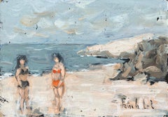 French Impressionist Oil Painting of Coastal Scene with Two Bathers