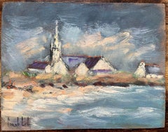 French Impressionist Oil Painting of Coastal Village Church at Dusk