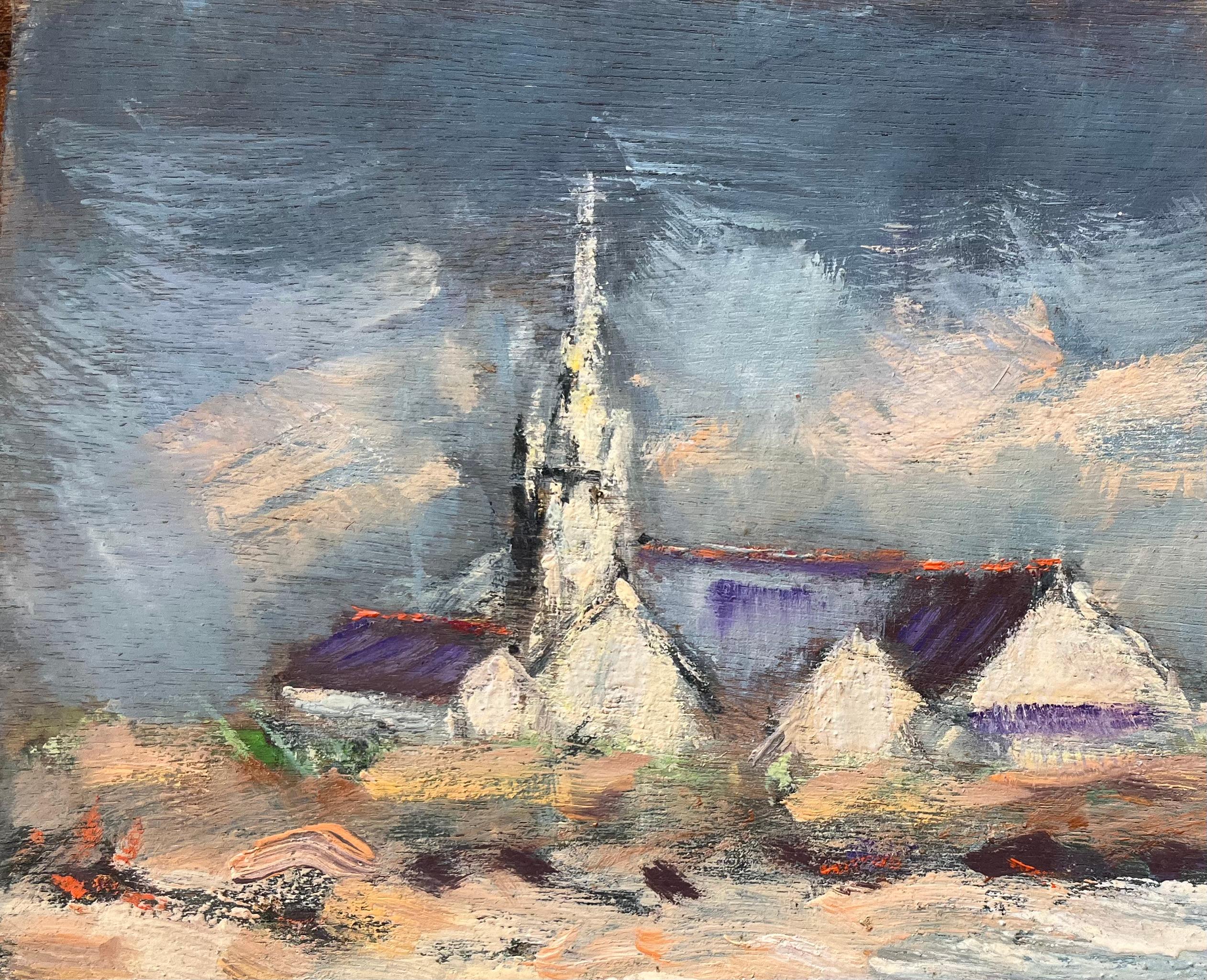 Title: French Impressionist Oil Painting of Coastal Village Church at Dusk
By Fanch Lel (French b. 1930)
Size: 10.5 x 13.75 inches (height x width)
Signed: Yes
Oil painting on board, unframed
Condition: The painting is in good condition, with minor