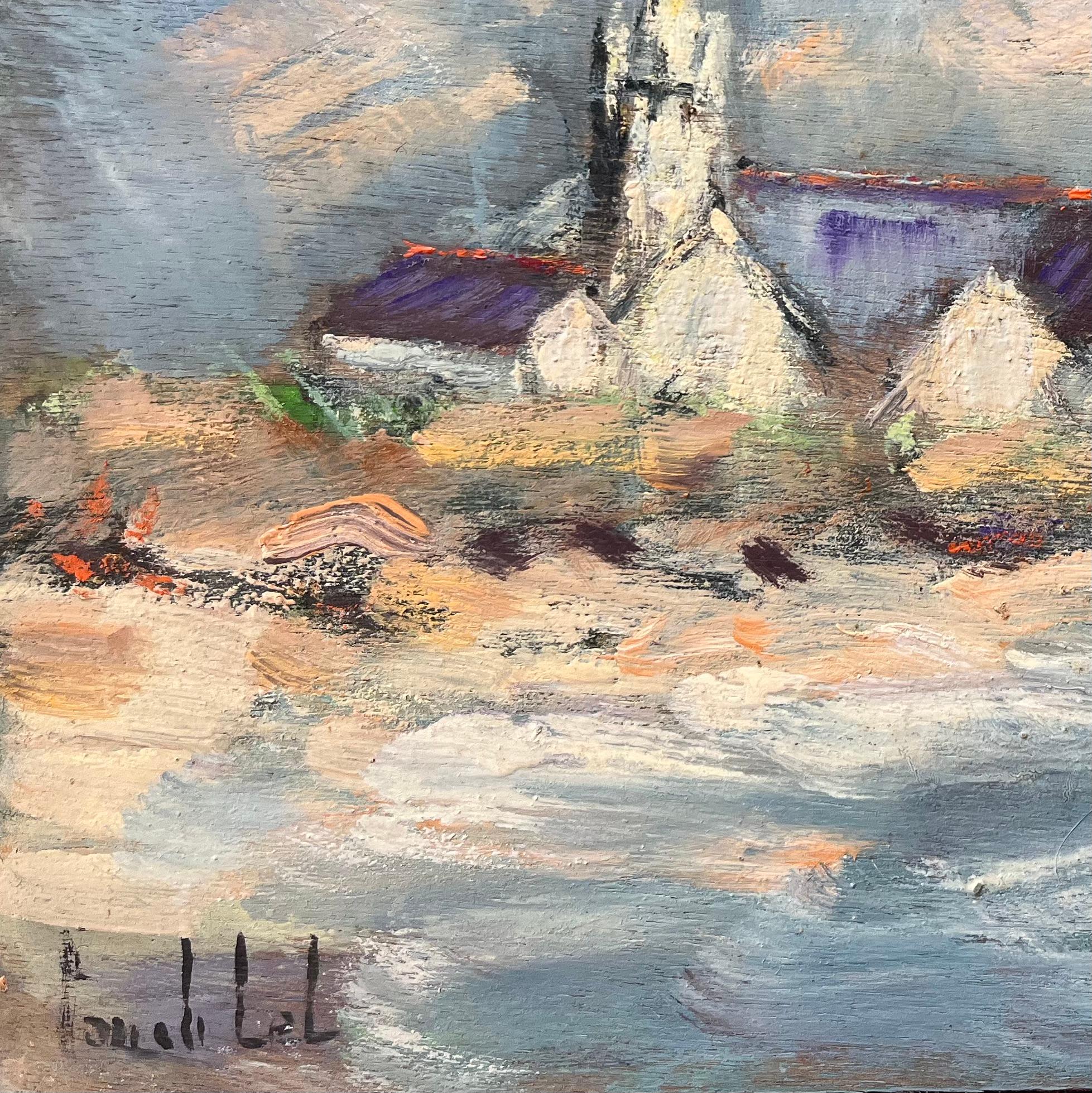 French Impressionist Oil Painting of Coastal Village Church at Dusk For Sale 2