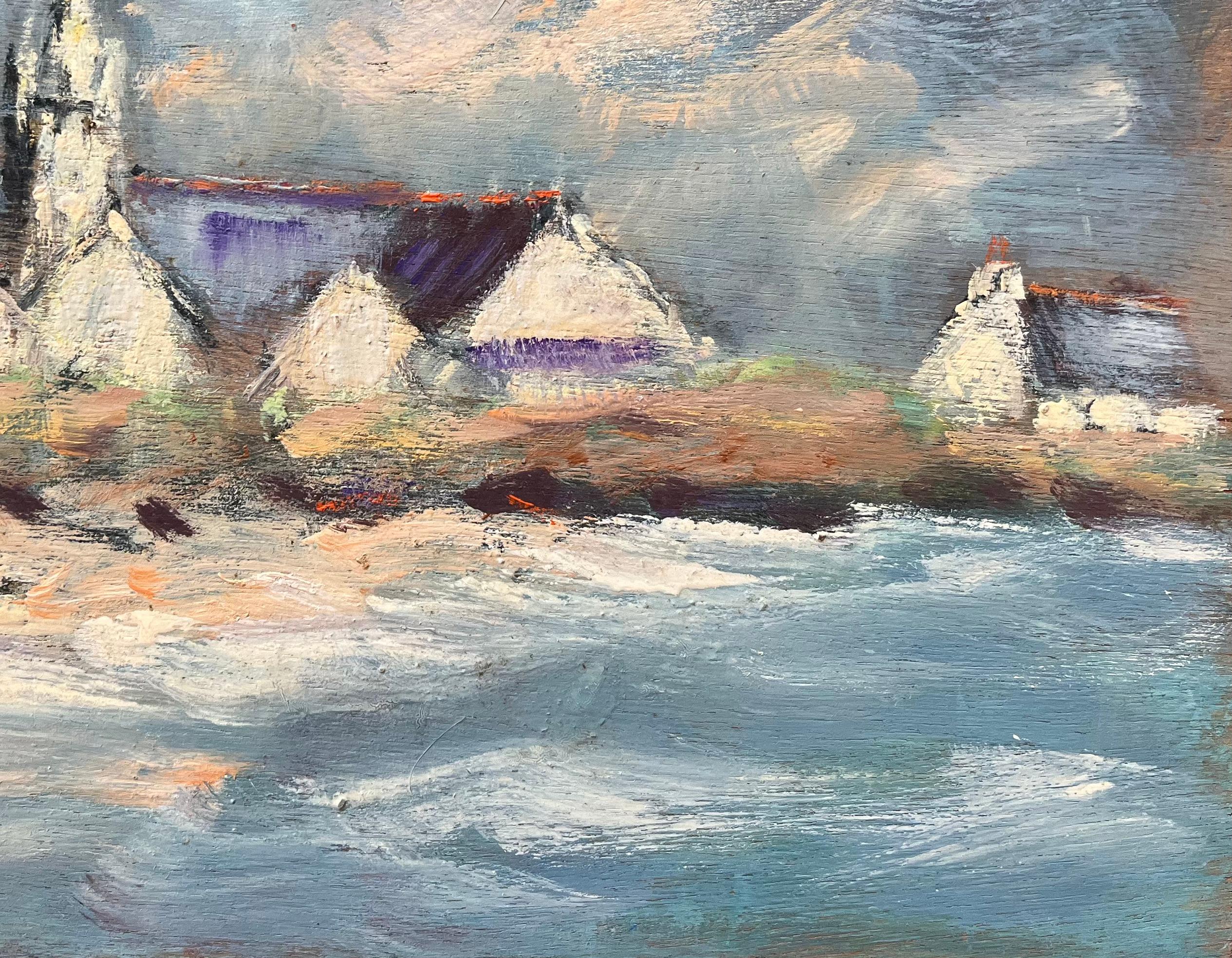 French Impressionist Oil Painting of Coastal Village Church at Dusk For Sale 3