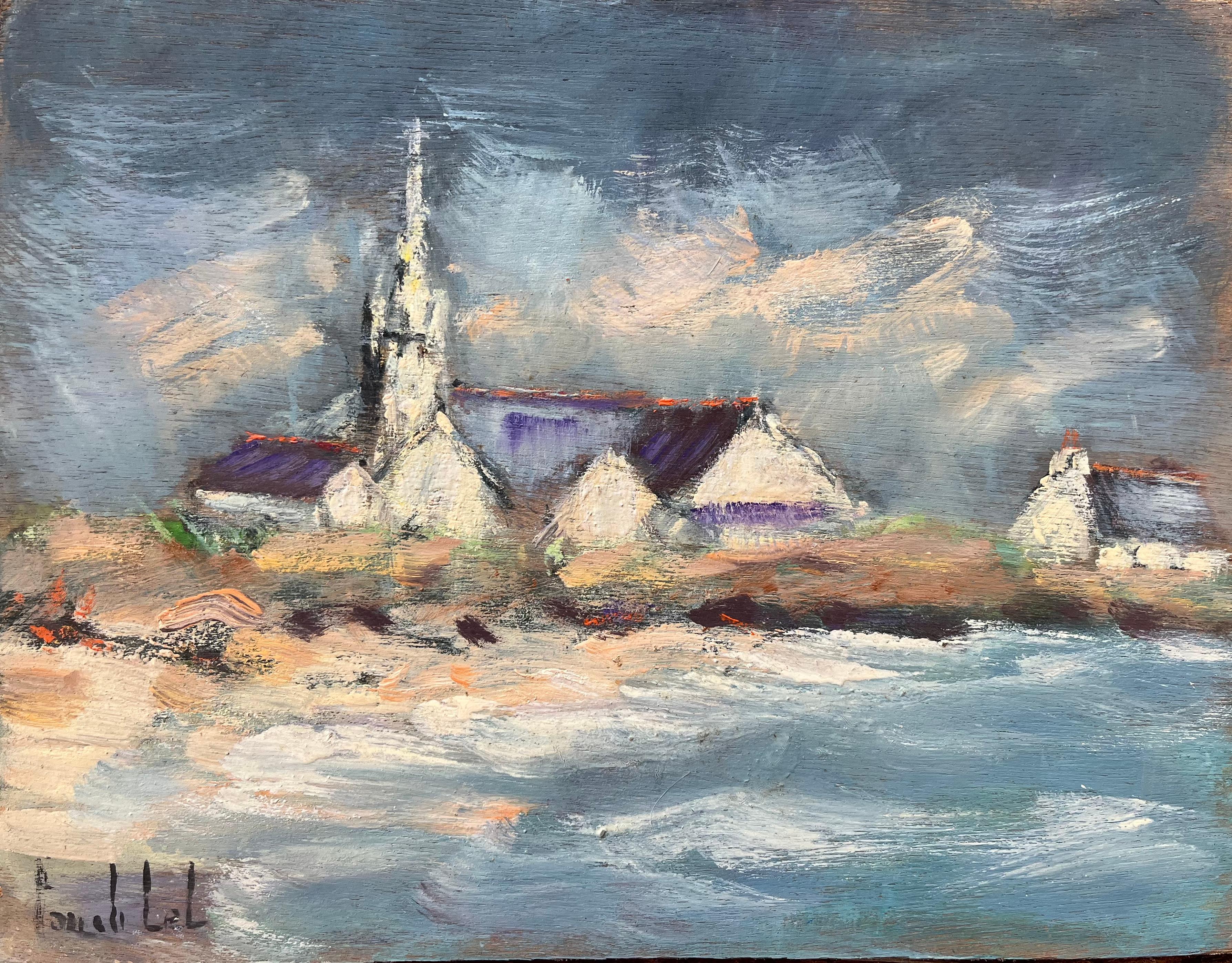 Fanch Lel Landscape Painting - French Impressionist Oil Painting of Coastal Village Church at Dusk