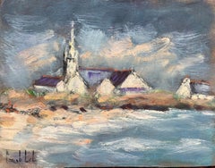 Quadro a olio impressionista francese di una chiesa di un villaggio costiero al tramonto