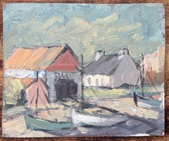 French Impressionist Oil Painting of Coastal Village with Boats Resting Ashore
