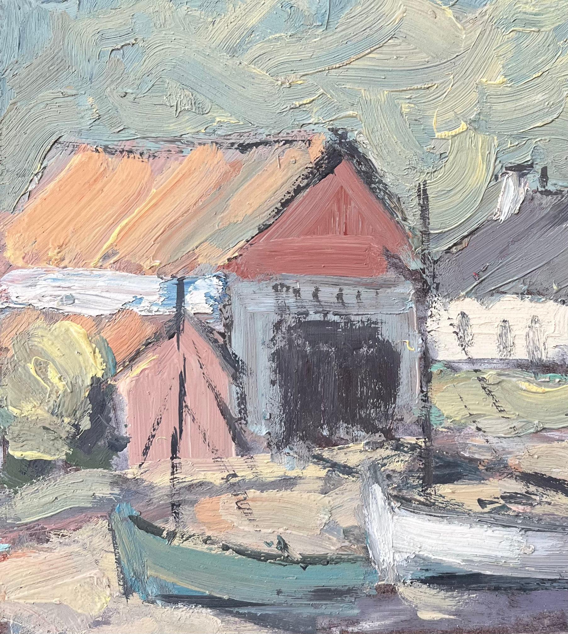 Title: French Impressionist Oil Painting of Coastal Village with Boats Resting Ashore
By Fanch Lel (French b. 1930)
Size: 8.75 x 10.5 inches (height x width)
Oil painting on board, unframed
Condition: The painting is in good condition, with minor
