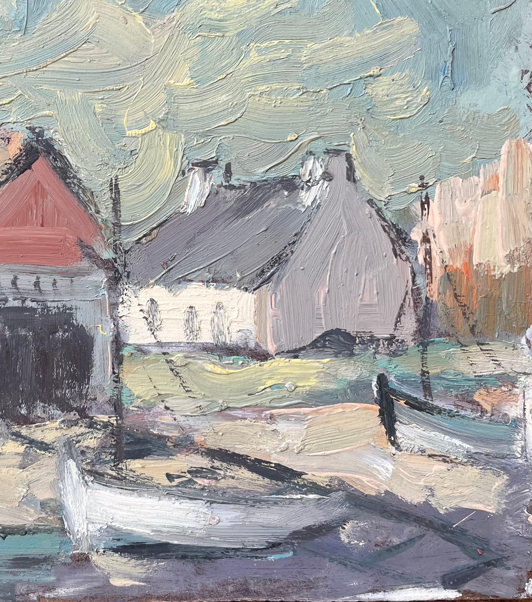 French Impressionist Oil Painting of Coastal Village with Boats Resting Ashore For Sale 1