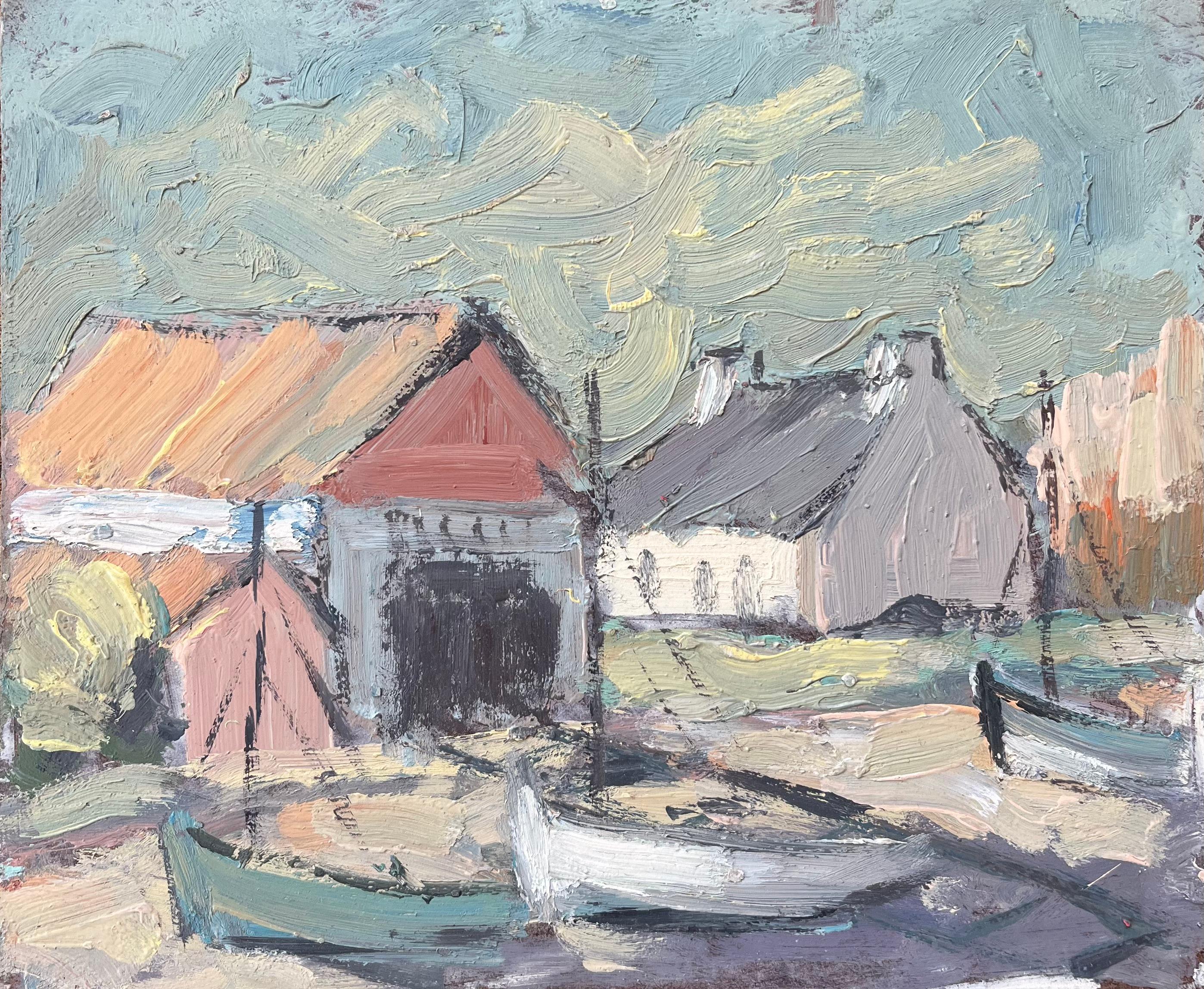 Fanch Lel Figurative Painting - French Impressionist Oil Painting of Coastal Village with Boats Resting Ashore