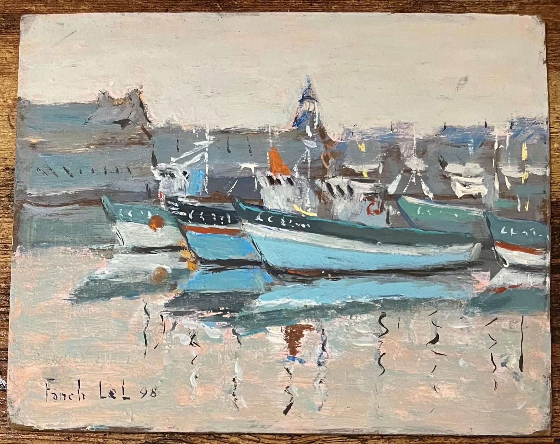 Quadro a olio dell'impressionismo francese raffigurante il porto di Concarneau alla luce del mattino - Painting di Fanch Lel