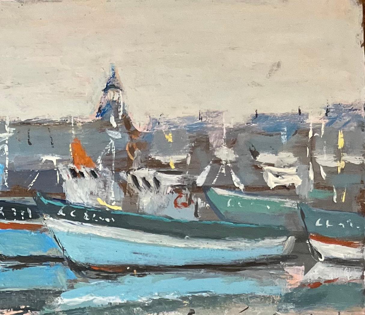 Quadro a olio dell'impressionismo francese raffigurante il porto di Concarneau alla luce del mattino - Figurative Painting Grigio di Fanch Lel