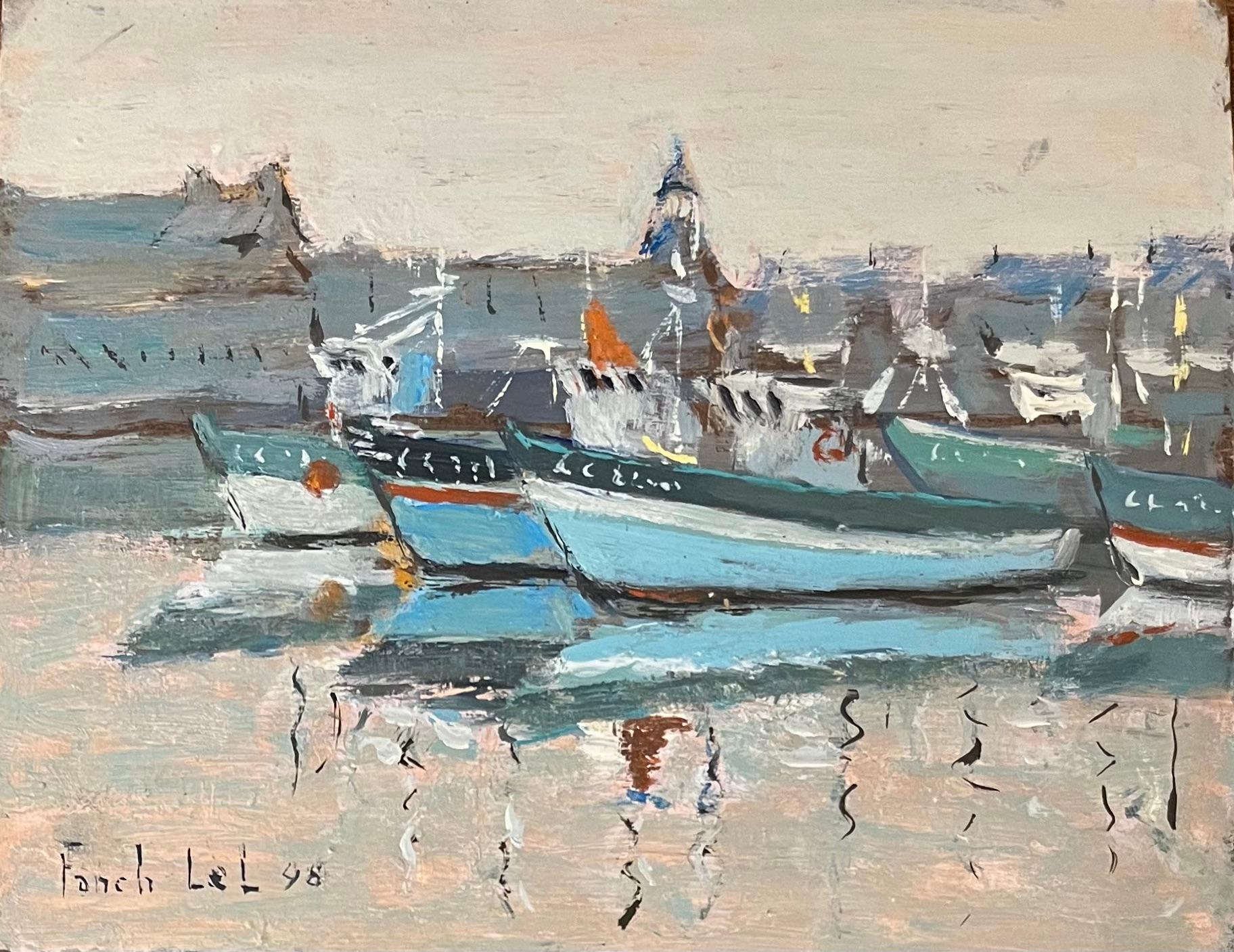 Figurative Painting di Fanch Lel - Quadro a olio dell'impressionismo francese raffigurante il porto di Concarneau alla luce del mattino