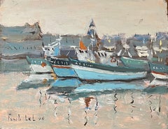 French Impressionist Oil Painting of Concarneau Harbor in Morning Light