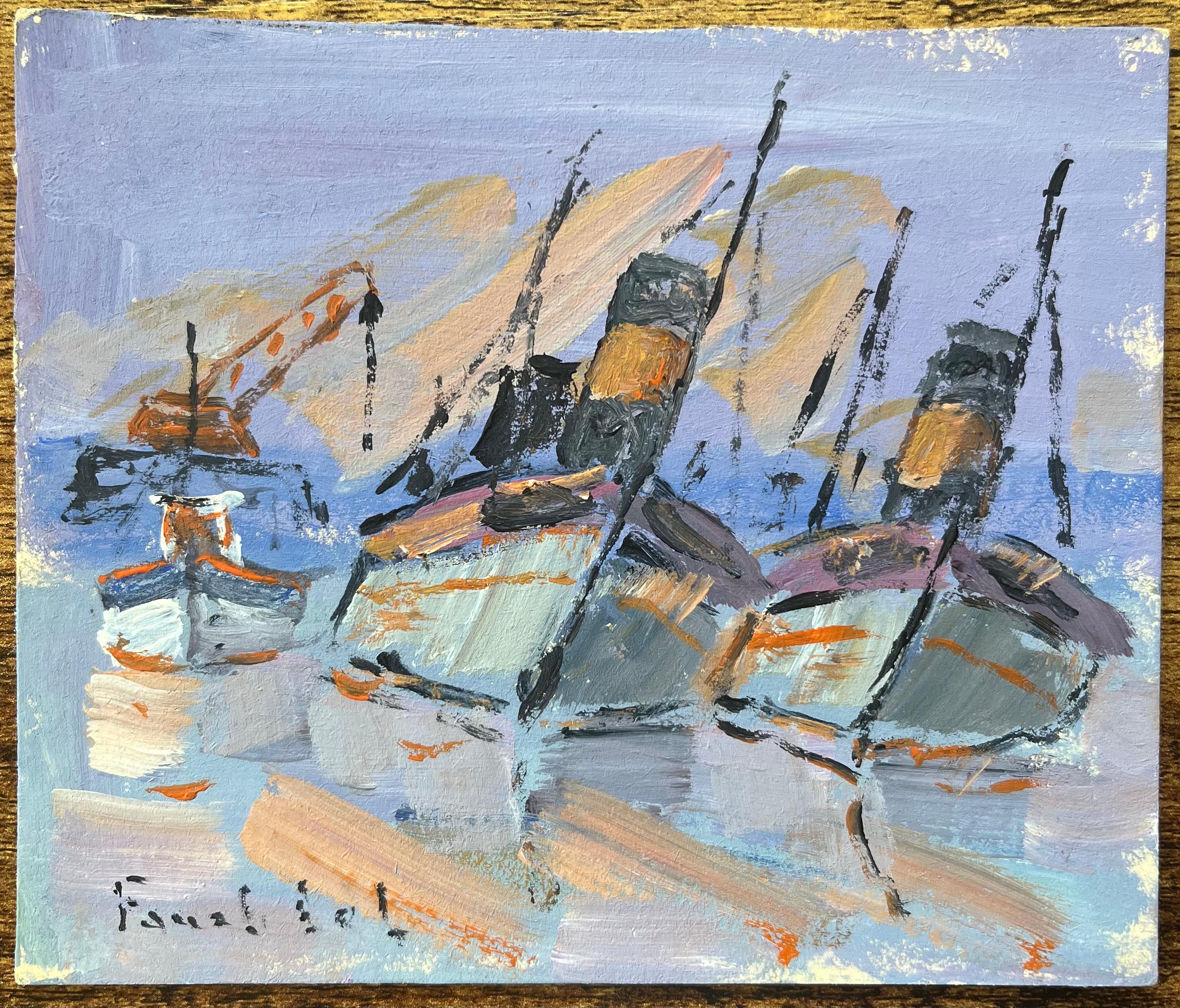 French Impressionist Oil Painting of Docked Boats in a Harbor - Gray Landscape Painting by Fanch Lel