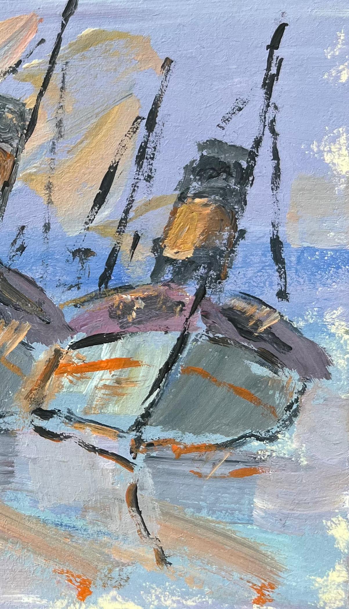 Title: French Impressionist Oil Painting of Docked Boats in a Harbor 
By Fanch Lel (French b. 1930)
Size: 5.25 x 6.25 inches (height x width)
Signed: Yes
Oil painting on cardboard, unframed
Condition: The painting is in good condition.
Provenance: