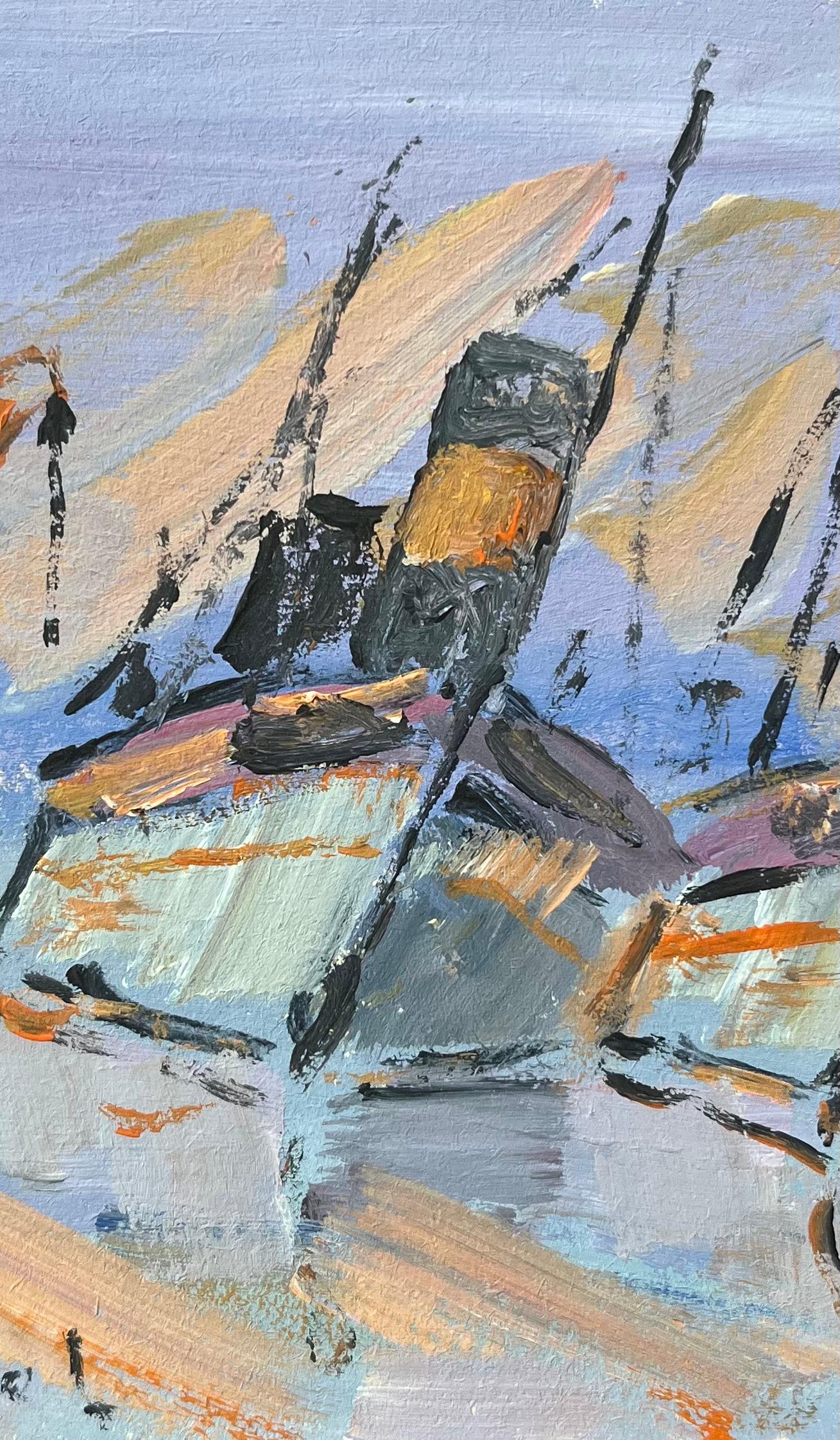French Impressionist Oil Painting of Docked Boats in a Harbor For Sale 1
