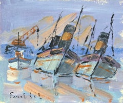 French Impressionist Oil Painting of Docked Boats in a Harbor