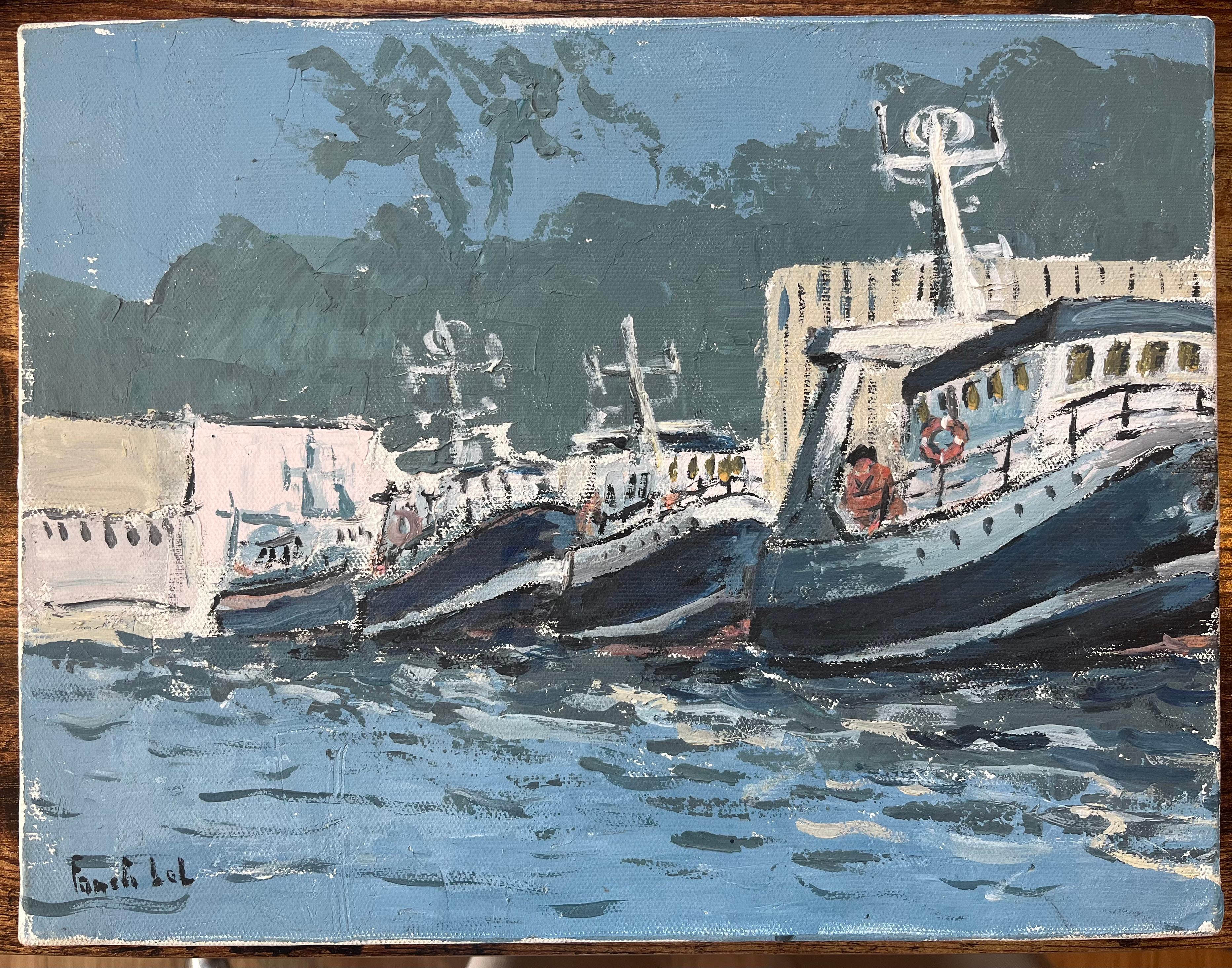 French Impressionist Oil Painting of Docked Fishing Boats Along a Harbour - Gray Figurative Painting by Fanch Lel