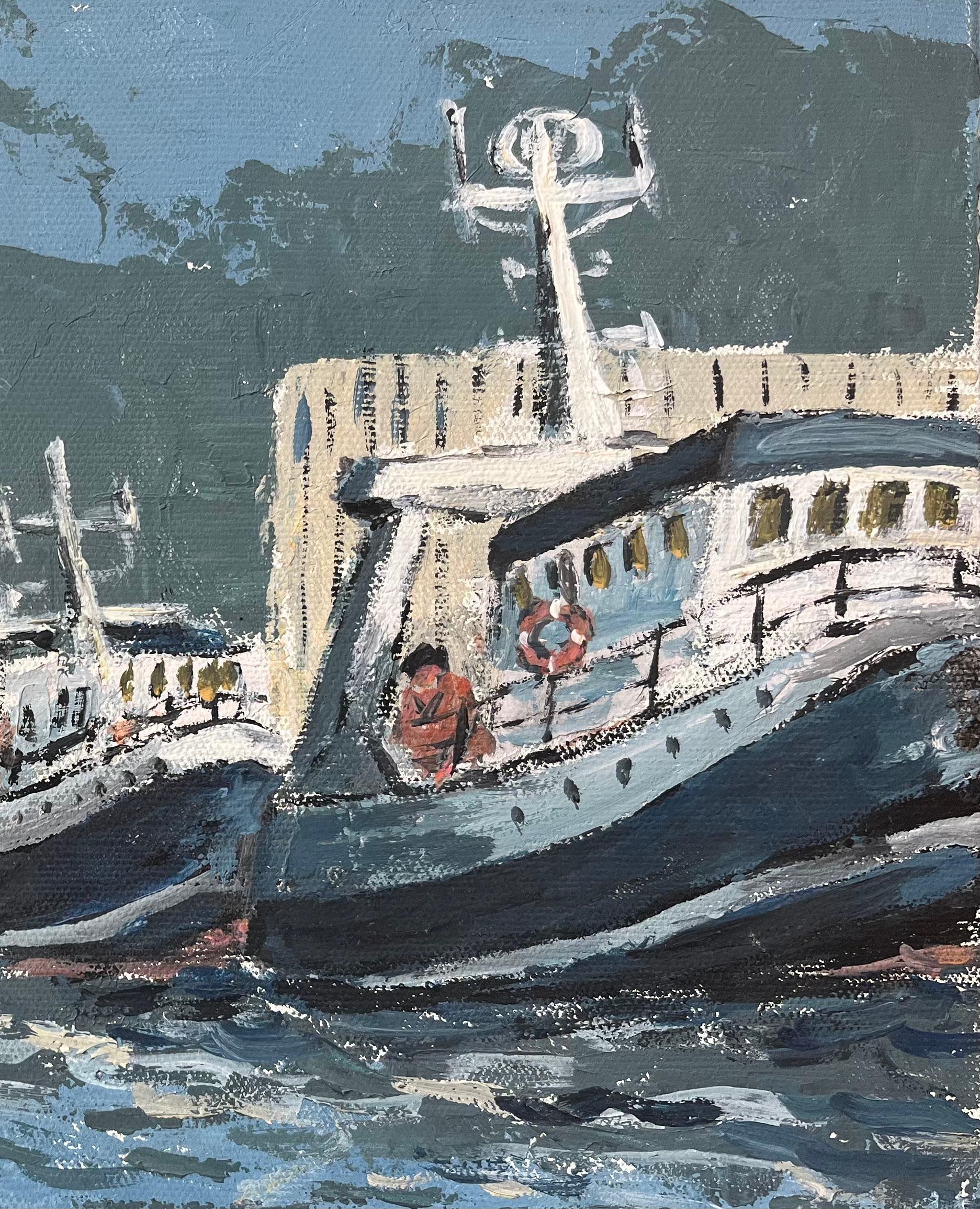 Title: French Impressionist Oil Painting of Docked Fishing Boats Along a Harbour
By Fanch Lel (French b. 1930)
Size: 10.5 x 13.75 inches (height x width)
Signed: Yes
Oil painting on board, unframed
Condition: The painting is in good condition, with