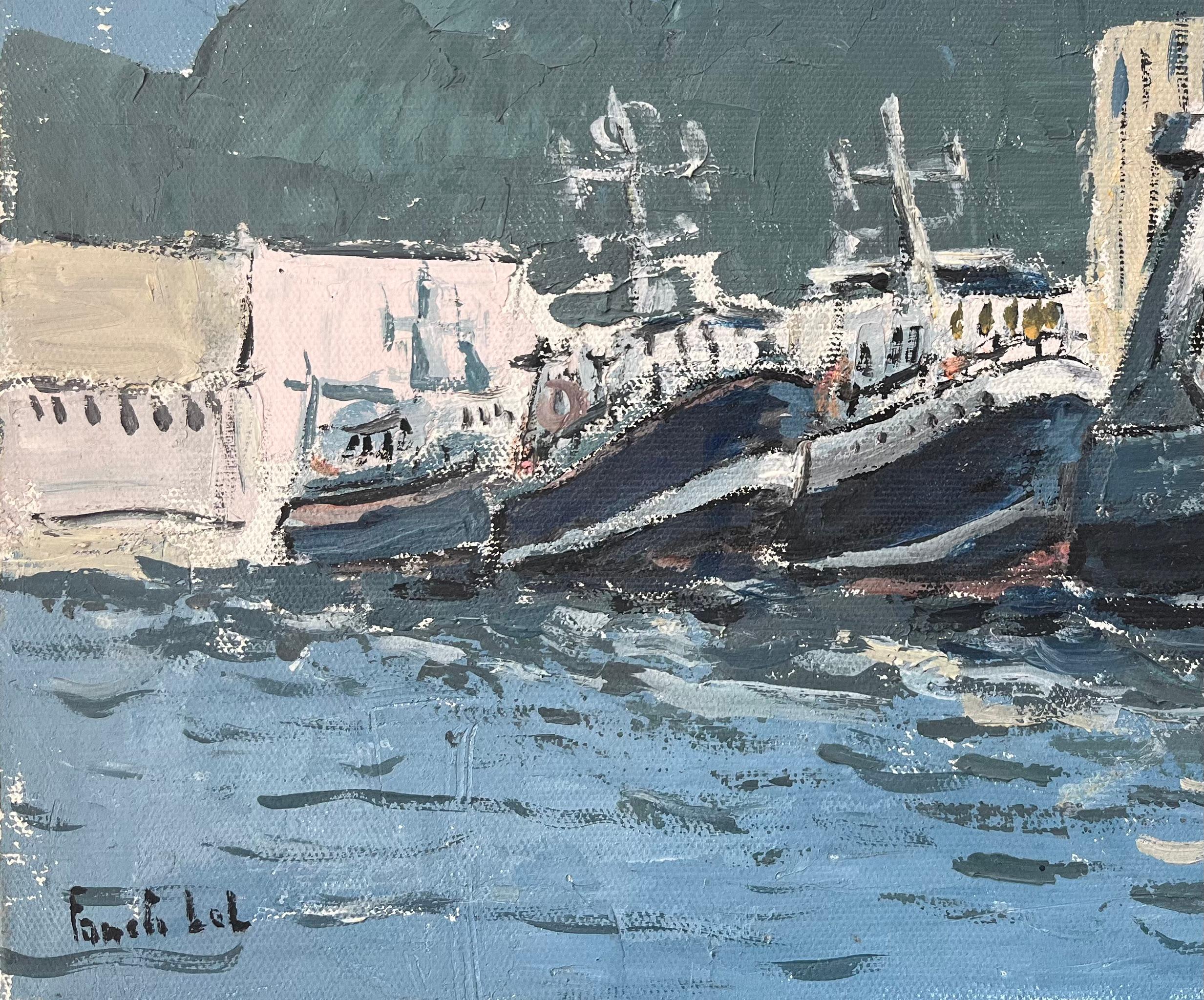 French Impressionist Oil Painting of Docked Fishing Boats Along a Harbour For Sale 2
