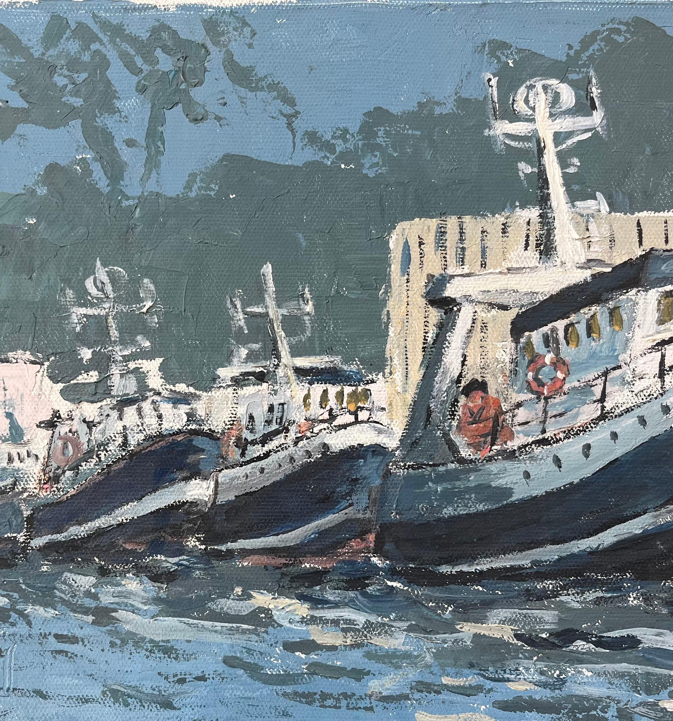 French Impressionist Oil Painting of Docked Fishing Boats Along a Harbour For Sale 3