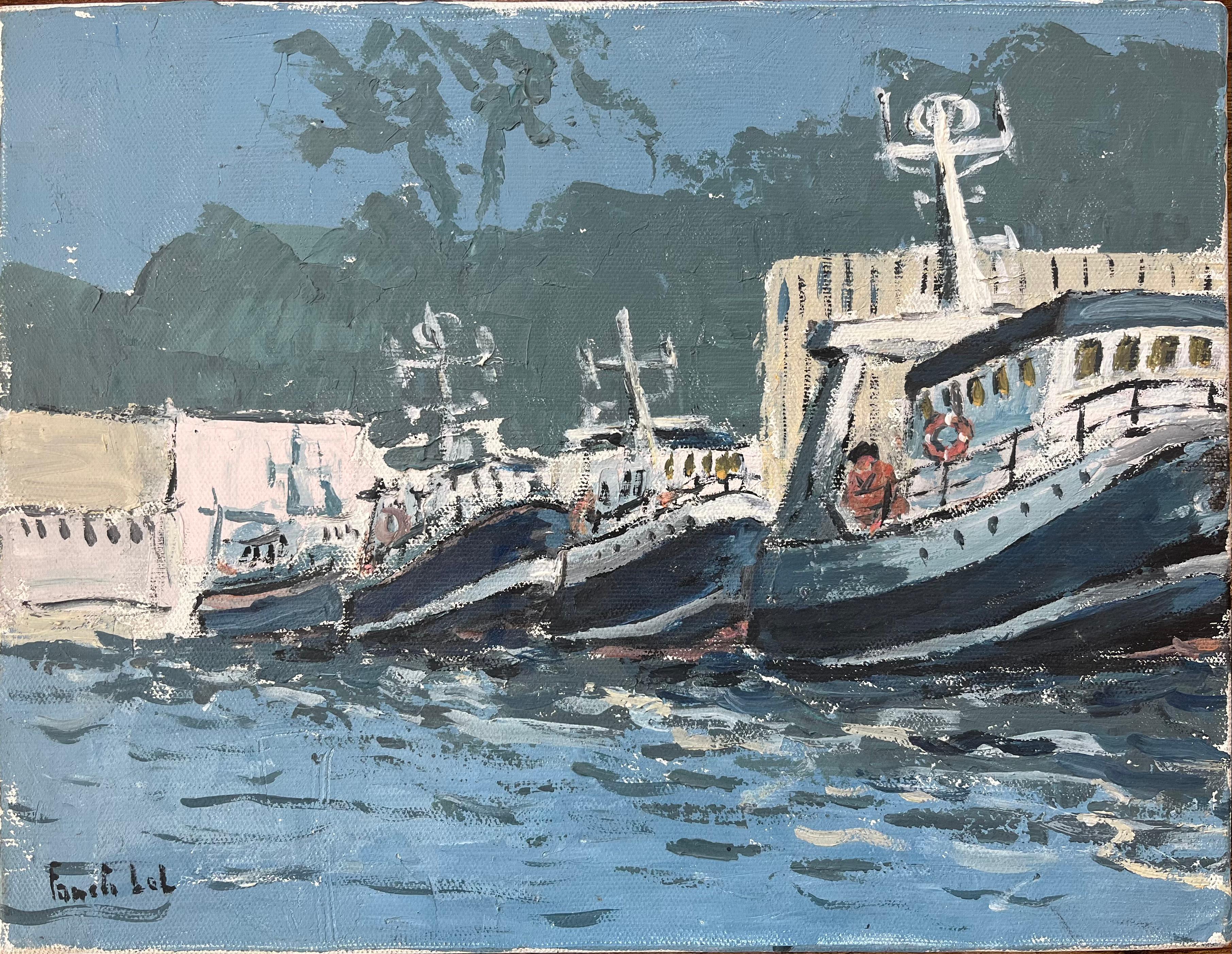 Fanch Lel Figurative Painting - French Impressionist Oil Painting of Docked Fishing Boats Along a Harbour
