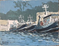 French Impressionist Oil Painting of Docked Fishing Boats Along a Harbour