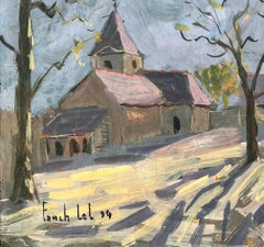 French Impressionist Oil Painting of Eglise de Nohant in Winter