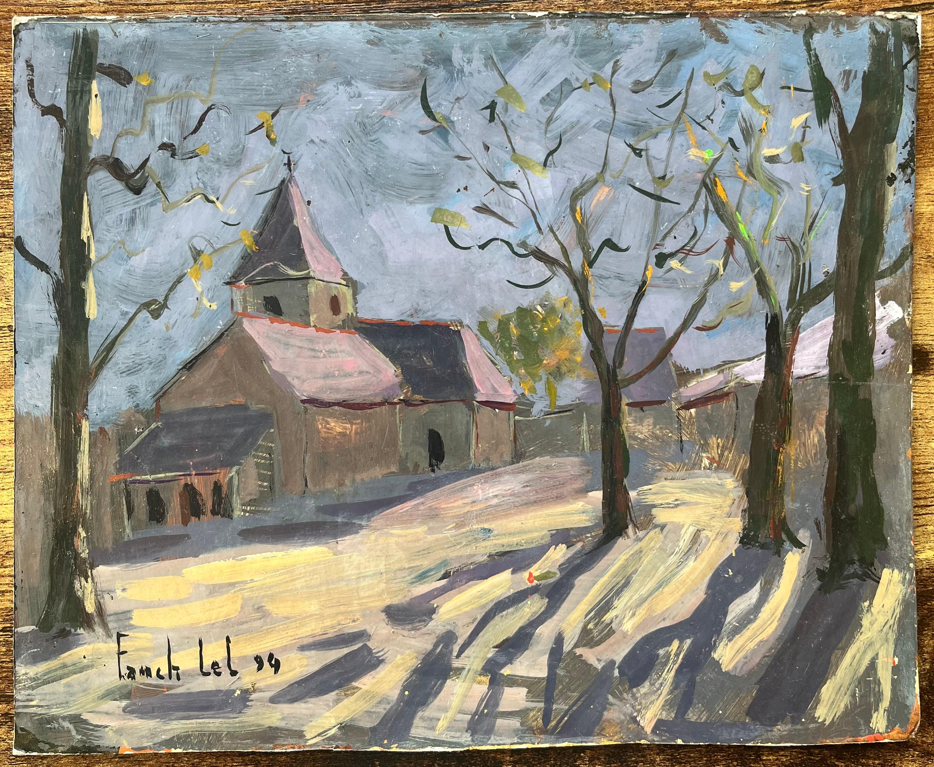 Quadro a olio dell'impressionismo francese raffigurante l'Eglise de Nohant in inverno - Painting Impressionismo di Fanch Lel