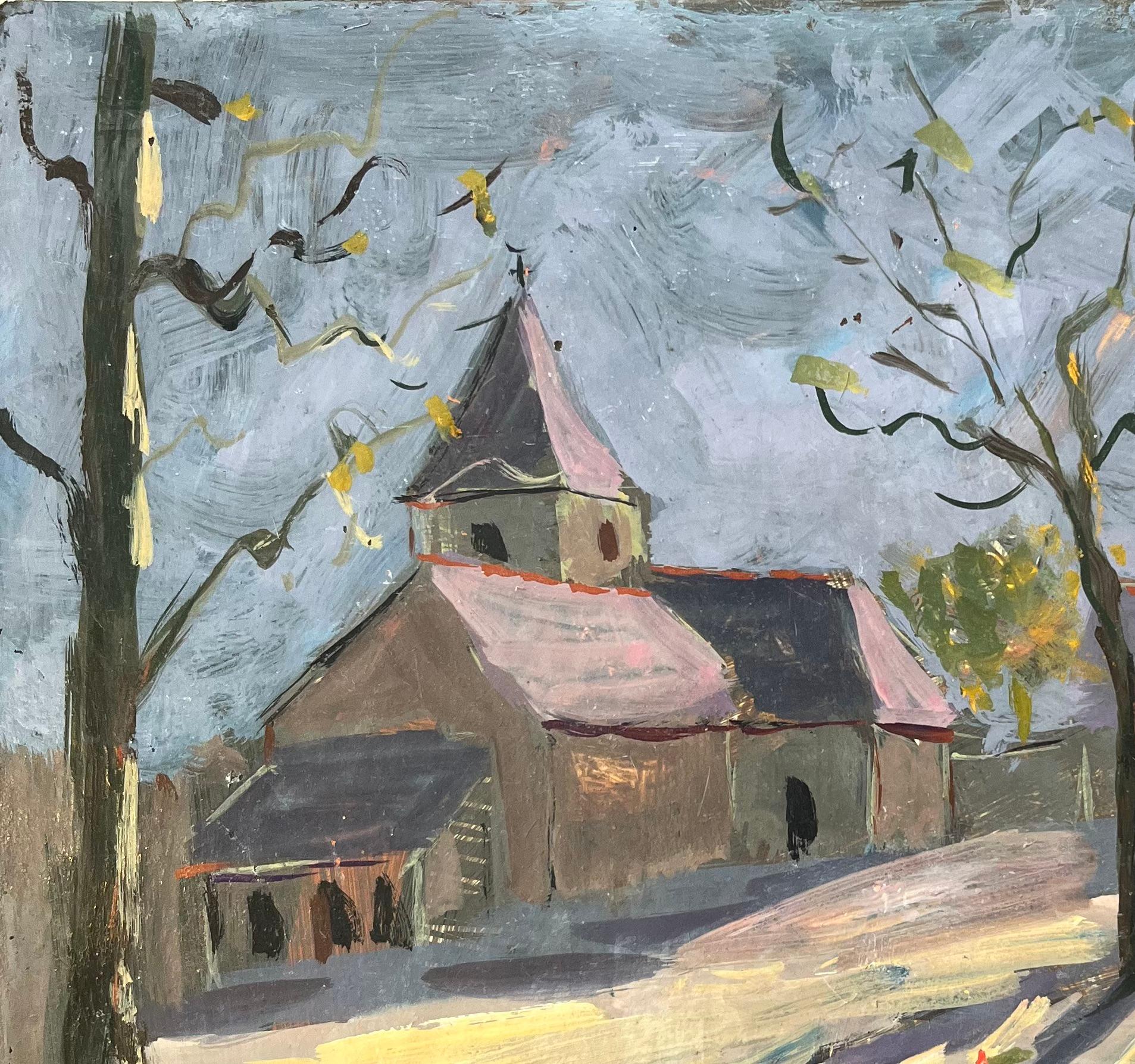 Quadro a olio dell'impressionismo francese raffigurante l'Eglise de Nohant in inverno - Figurative Painting Grigio di Fanch Lel