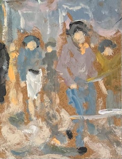 French Impressionist Oil Painting of Factory Workers Exiting a Factory