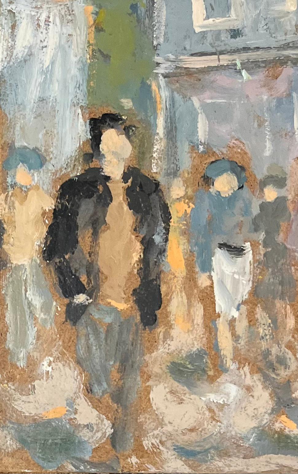 Óleo impresionista francés de obreros saliendo de una fábrica - Figurative Painting Marrón de Fanch Lel