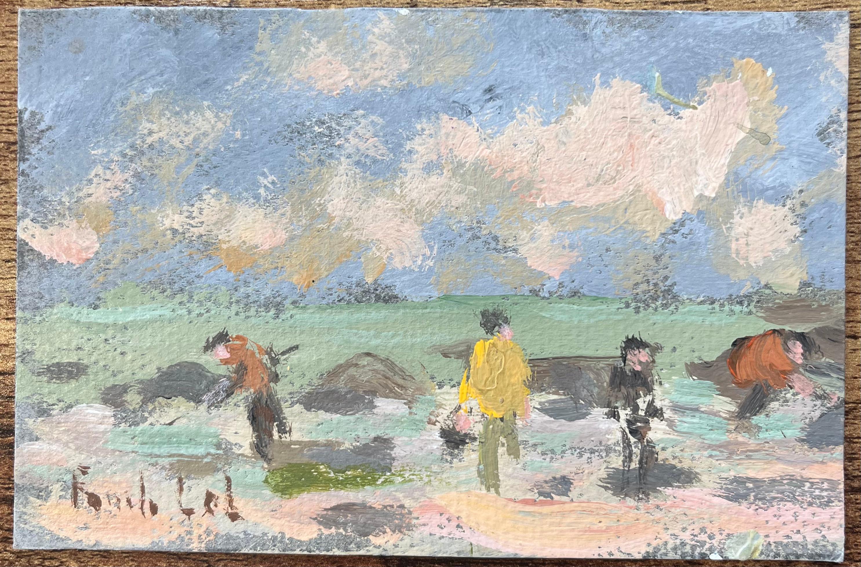 French Impressionist Oil Painting of Figures at the Beach at St Lunaire - Gray Landscape Painting by Fanch Lel