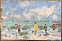 Peinture à l'huile impressionniste française représentant des personnages à la plage de St Lunaire