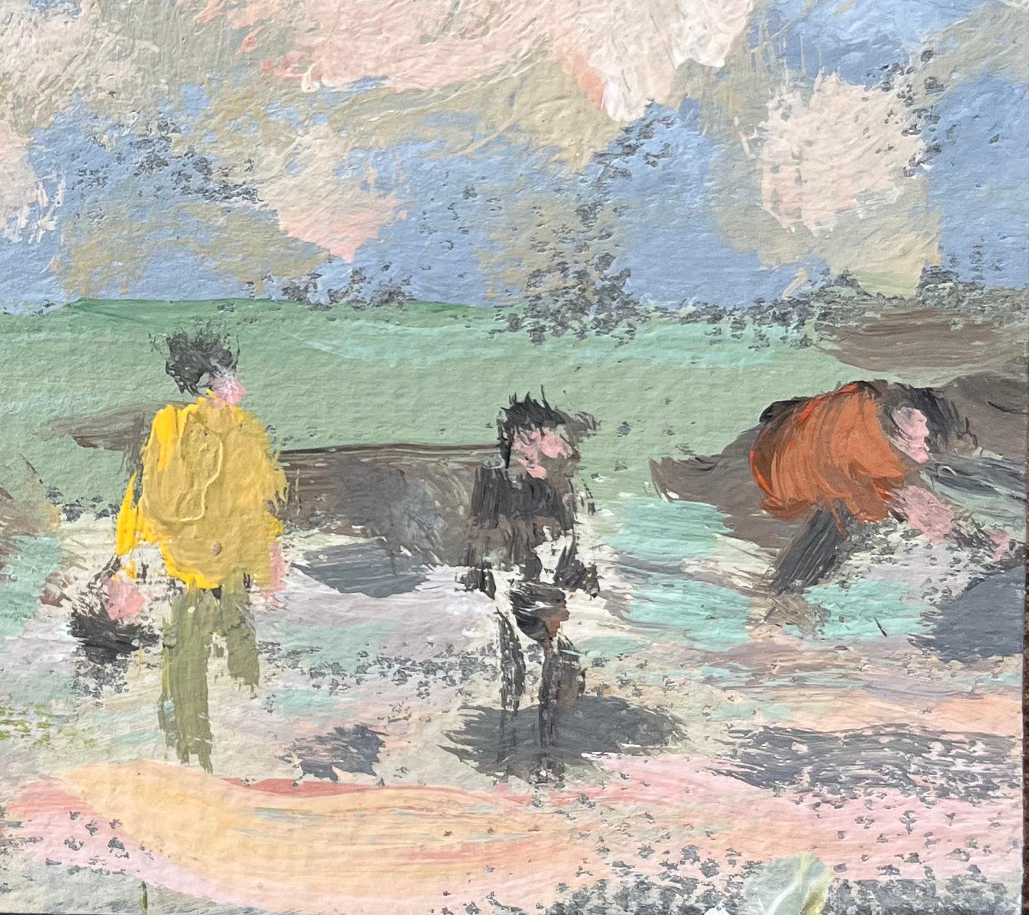 Title: French Impressionist Oil Painting of Figures at the Beach at St Lunaire
By Fanch Lel (French b. 1930)
Size: 4 x 6.25 inches (height x width)
Signed: Yes
Oil painting on cardboard, unframed
Condition: The painting is in good