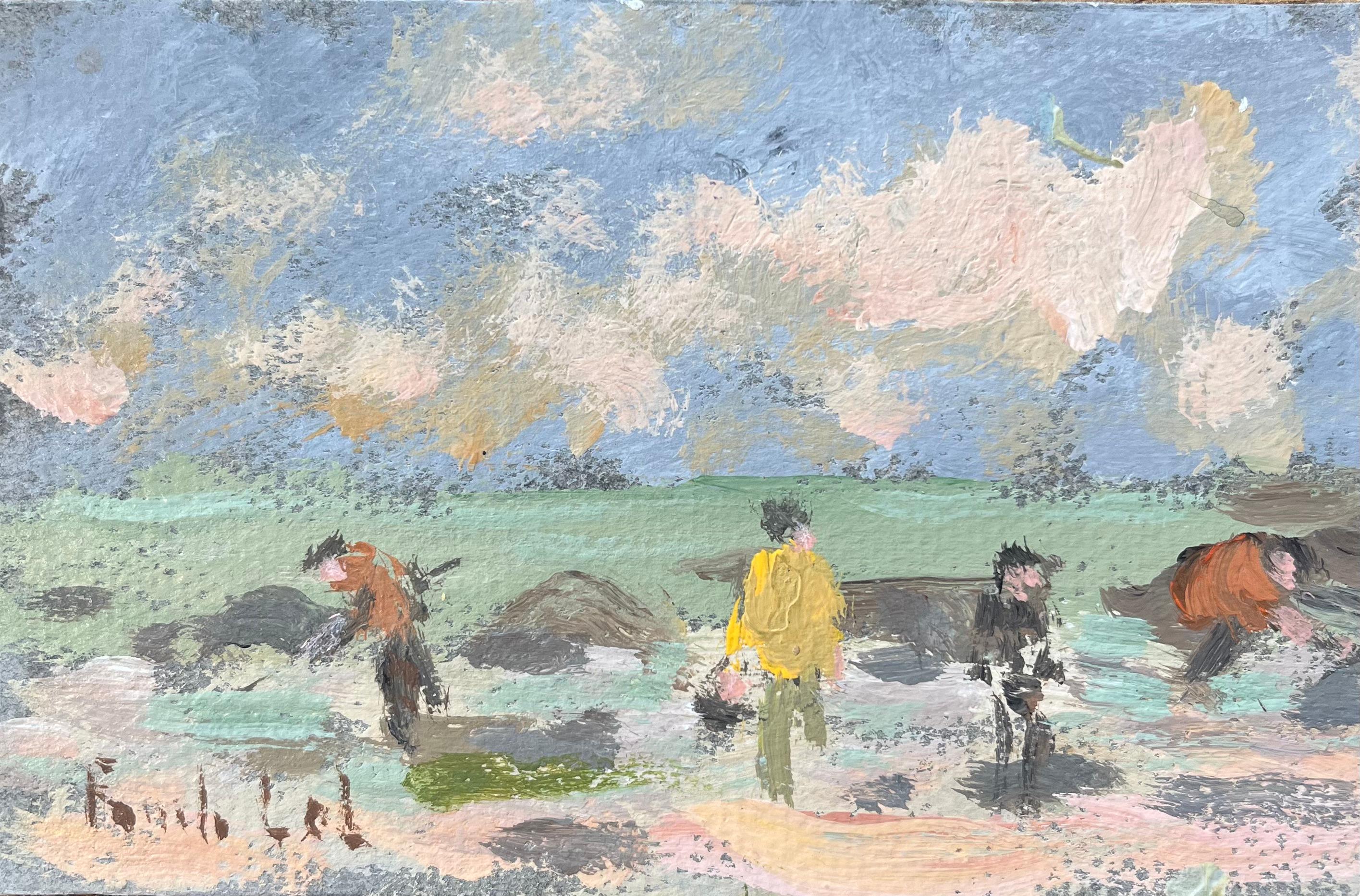 Fanch Lel Landscape Painting - French Impressionist Oil Painting of Figures at the Beach at St Lunaire