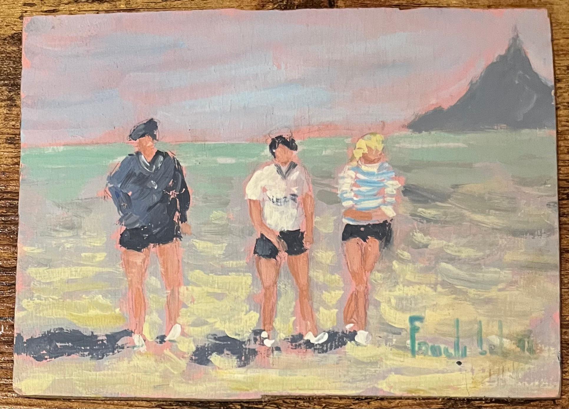 Quadro a olio impressionista francese con figure su una spiaggia e Mont Saint-Michel - Painting di Fanch Lel