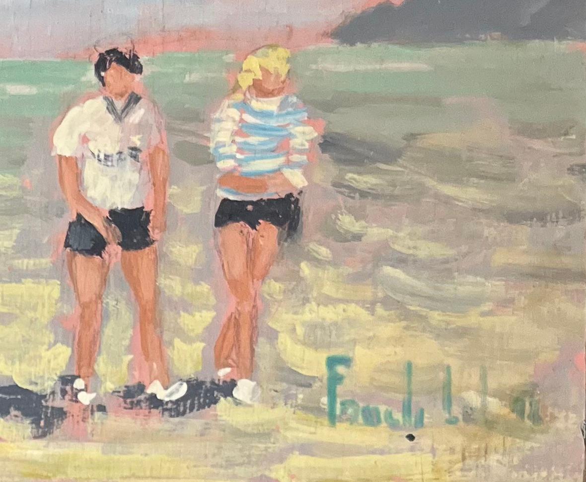 Quadro a olio impressionista francese con figure su una spiaggia e Mont Saint-Michel - Painting Impressionismo di Fanch Lel