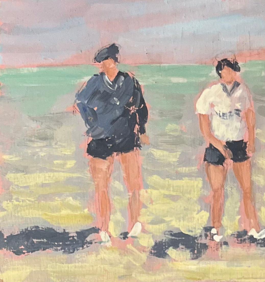 Französisches impressionistisches Ölgemälde mit Figuren am Strand und Mont Saint-Michel, Ölgemälde (Beige), Figurative Painting, von Fanch Lel