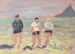 French Impressionist Oil Painting of Figures on a Beach with Mont Saint-Michel