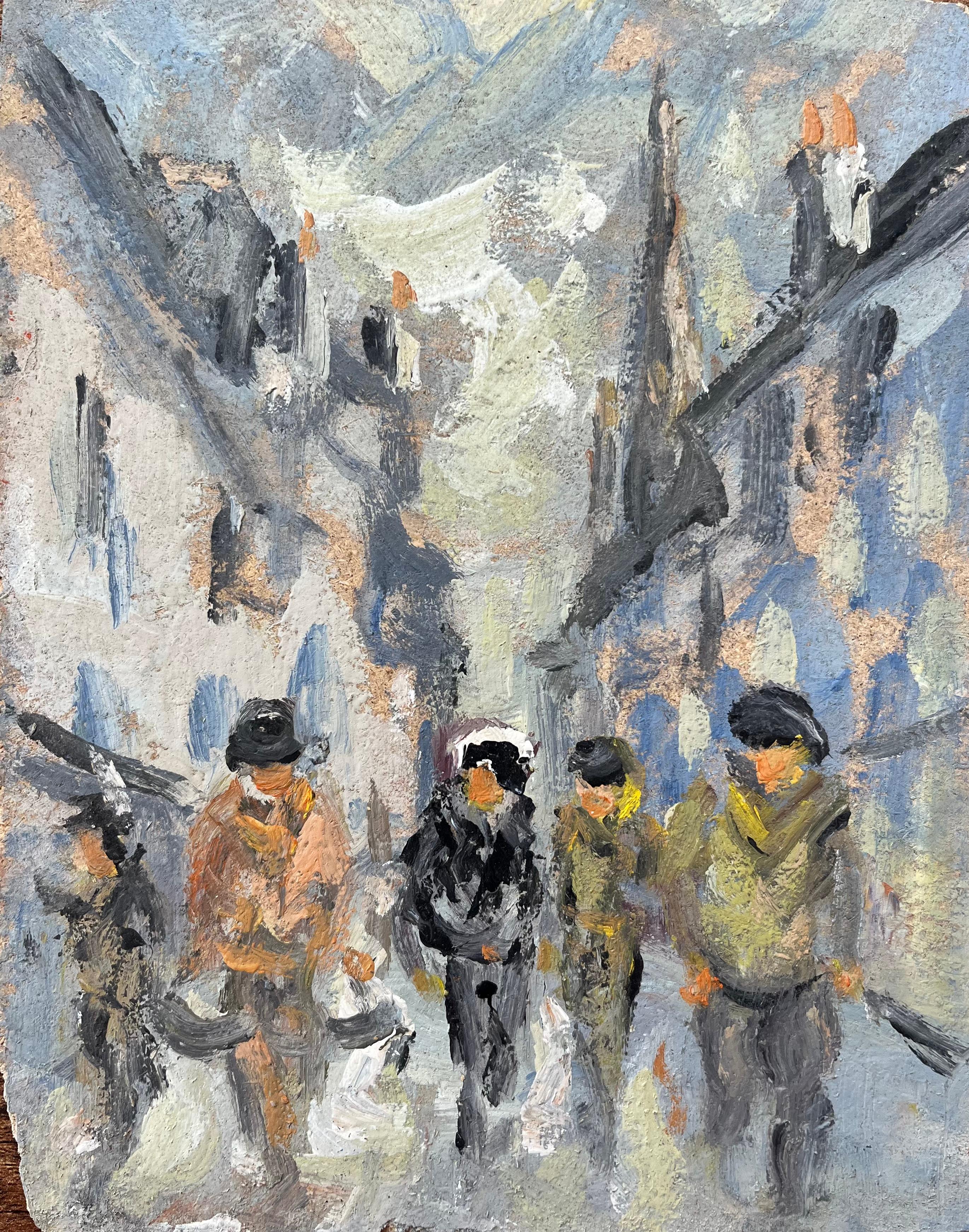 Landscape Painting di Fanch Lel - Quadro a olio impressionista francese con figure che passeggiano in un vicolo del villaggio
